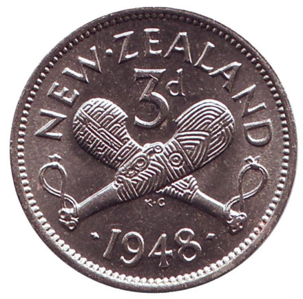 Монета 3 пенса. 1948 год, Новая Зеландия. Скрещенные вахаики.