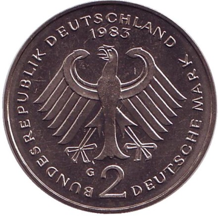 Монета 2 марки. 1983 год (G), ФРГ. Курт Шумахер. Монета 2 марки. 1983 год (G), ФРГ. Курт Шумахер.