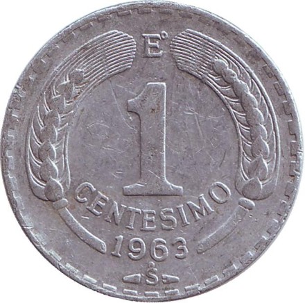 Монета 1 чентезимо. 1963 год, Чили. Кондор.