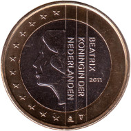 Монета 1 евро. 2011 год, Нидерланды. Монета 1 евро. 2011 год, Нидерланды.