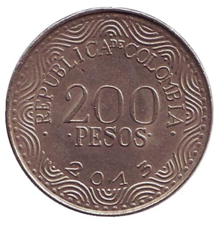Монета 200 песо. 2013 год, Колумбия. Из обращения. Красный ара.