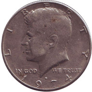 Монета 50 центов. 1974 год (D), США. Джон Кеннеди. Монета 50 центов. 1974 год (D), США. Джон Кеннеди.
