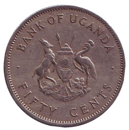 Монета 50 центов. 1966 год, Уганда. Райский журавль. (Африканская красавка). Монета 50 центов. 1966 год, Уганда. Райский журавль. (Африканская красавка).