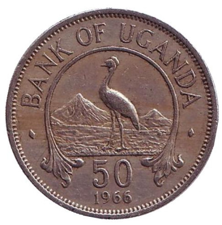 Монета 50 центов. 1966 год, Уганда. Райский журавль. (Африканская красавка).