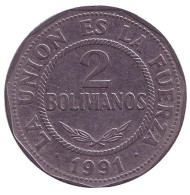 Монета 2 боливиано. 1991 год, Боливия. Монета 2 боливиано. 1991 год, Боливия.