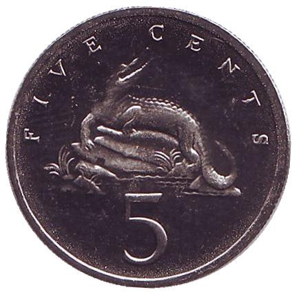 Монета 5 центов. 1993 год, Ямайка. Острорылый крокодил.