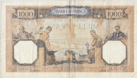 Банкнота 1000 франков. 1938 год, Франция.
