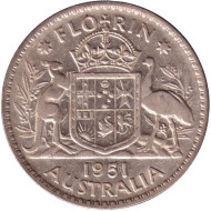 Монета 2 шиллинга (флорин). 1951 год, Австралия. Монета 2 шиллинга (флорин). 1951 год, Австралия.