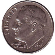 Монета 10 центов. 1996 (D) год, США. Рузвельт. Монета 10 центов. 1996 (D) год, США. Рузвельт.