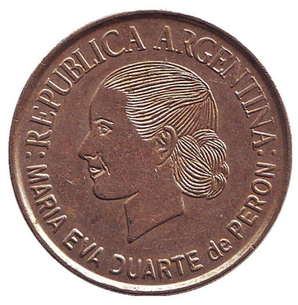 Монета 2 песо. 2002 год, Аргентина. (Рубчатый гурт) 50 лет со дня смерти Марии Эвы Дуарте де Перон.