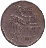 Монета 2 рупии. 1997 год, Индия. ("*" в конце даты - Тэгу, Южная Корея). Монета 2 рупии. 1997 год, Индия. ("*" в конце даты - Тэгу, Южная Корея).