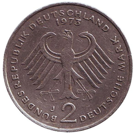 Монета 2 марки. 1973 год (J), ФРГ. Теодор Хойс. Монета 2 марки. 1973 год (J), ФРГ. Теодор Хойс.