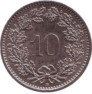 Монета 10 раппенов. 1991 год, Швейцария. Монета 10 раппенов. 1991 год, Швейцария.