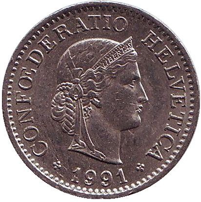 Монета 10 раппенов. 1991 год, Швейцария.