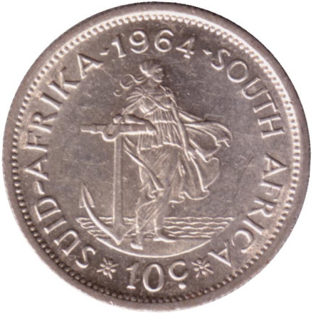 Монета 10 центов. 1964 год, ЮАР. Ян ван Рибек.