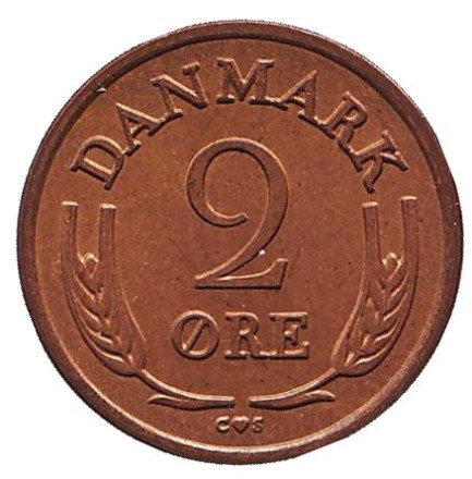 Монета 2 эре. 1964 год, Дания. (бронза). Из обращения.