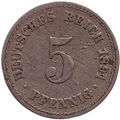 Монета 5 пфеннигов. 1891 год (A), Германская империя.