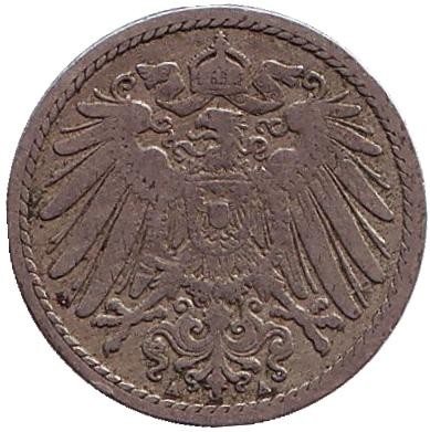 Монета 5 пфеннигов. 1891 год (A), Германская империя. Монета 5 пфеннигов. 1891 год (A), Германская империя.