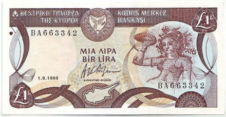 Банкнота 1 фунт. (1 лира). 1995 год, Кипр.