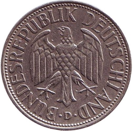 Монета 1 марка. 1956 год (D), ФРГ. Монета 1 марка. 1956 год (D), ФРГ.