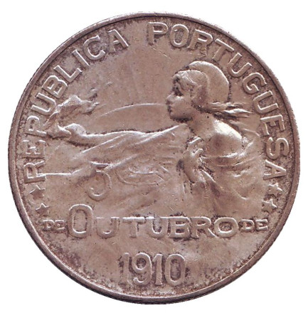 Монета 1 эскудо. 1910 год, Португалия. Основание республики.