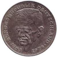 Курт Шумахер. Монета 2 марки. 1989 год (D), ФРГ. Из обращения.