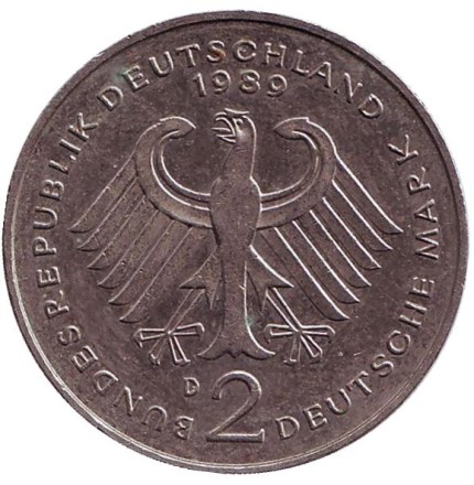 Монета 2 марки. 1989 год (D), ФРГ. Курт Шумахер.