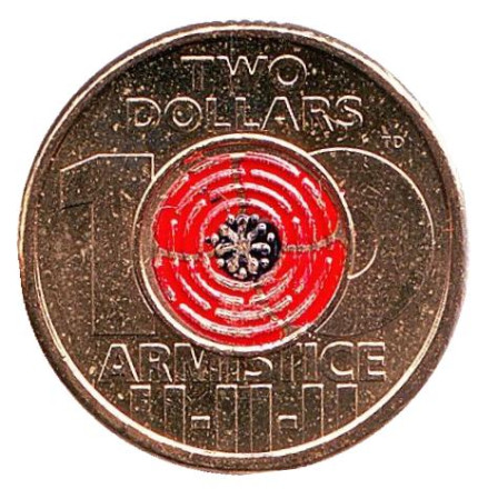 Монета 2 доллара. 2018 год, Австралия. 100 лет со дня окончания Первой Мировой войны.
