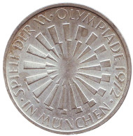 Монета 10 марок, 1972 год, ФРГ. Эмблема "In Munchen". XX Летние Олимпийские игры. Мюнхен-1972. (F). Монета 10 марок, 1972 год, ФРГ. Эмблема "In Munchen". XX Летние Олимпийские игры. Мюнхен-1972. (F).