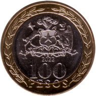 Монета 100 песо. 2022 год, Чили. Индеец Мапуче. Монета 100 песо. 2022 год, Чили. Индеец Мапуче.