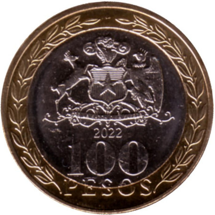 Монета 100 песо. 2022 год, Чили. Индеец Мапуче.
