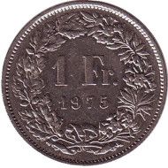 Монета 1 франк. 1975 год, Швейцария. Гельвеция. Монета 1 франк. 1975 год, Швейцария. Гельвеция.