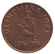Монета 5 толаров. 1996 год, Словения. 100 лет современным Олимпийским Играм. Монета 5 толаров. 1996 год, Словения. 100 лет современным Олимпийским Играм.