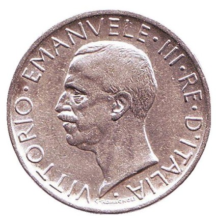 Монета 5 лир. 1926 год, Италия. Орёл.