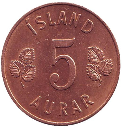 Монета 5 аураров. 1966 год, Исландия.