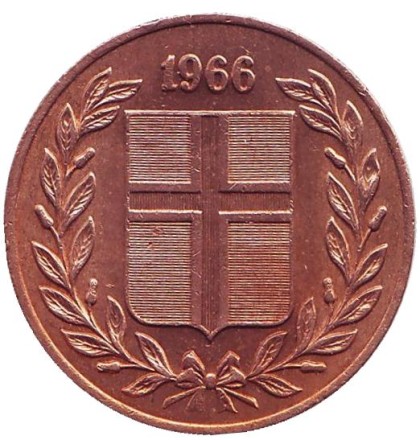 Монета 5 аураров. 1966 год, Исландия.