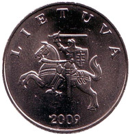 Монета 1 лит. 2009 год, Литва. UNC. Рыцарь.