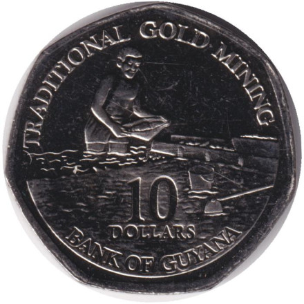 Монета 10 долларов, 2018 год, Гайана. Добыча золота.