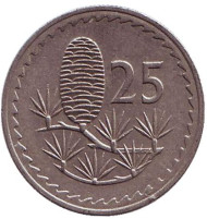 Монета 25 миллей. 1974 год, Кипр. Ливанский кедр.