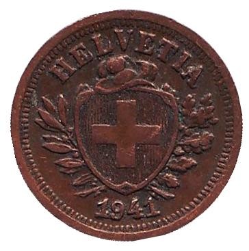 Монета 1 раппен. 1941 год, Швейцария.