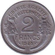 Монета 2 франка. 1948 год, Франция. Монета 2 франка. 1948 год, Франция.