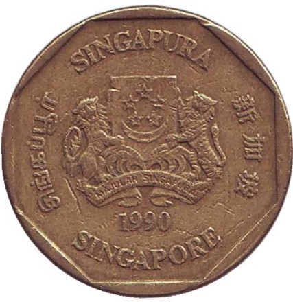 Монета 1 доллар, 1990 год, Сингапур. Барвинок. Монета 1 доллар, 1990 год, Сингапур. Барвинок.