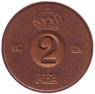 Монета 2 эре. 1960 год, Швеция. Монета 2 эре. 1960 год, Швеция.