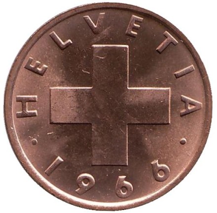 Монета 2 раппена. 1966 год, Швейцария. UNC.