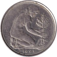 Монета 50 пфеннигов. 1991 год (F), ФРГ. Женщина, сажающая дуб. Монета 50 пфеннигов. 1991 год (F), ФРГ. Женщина, сажающая дуб.