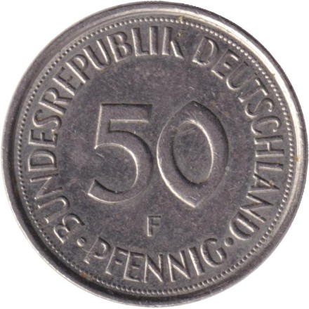 Монета 50 пфеннигов. 1991 год (F), ФРГ. Женщина, сажающая дуб. Монета 50 пфеннигов. 1991 год (F), ФРГ. Женщина, сажающая дуб.