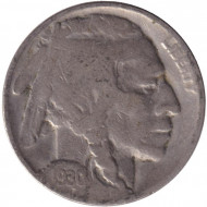 Монета 5 центов. 1930 год (P), США. Бизон. Индеец. Монета 5 центов. 1930 год (P), США. Бизон. Индеец.