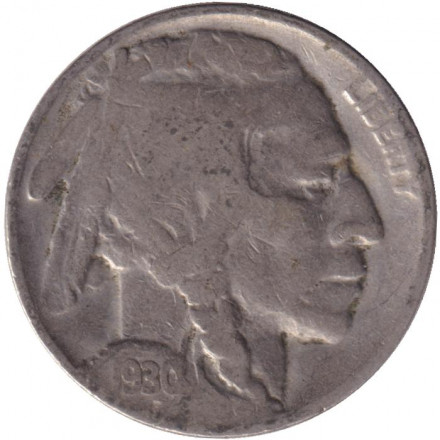 Монета 5 центов. 1930 год (P), США. Бизон. Индеец.