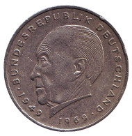 Монета 2 марки. 1972 год (F), ФРГ. Конрад Аденауэр. Монета 2 марки. 1972 год (F), ФРГ. Конрад Аденауэр.