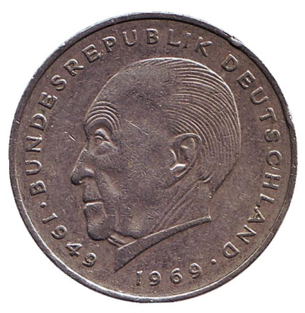 Монета 2 марки. 1972 год (F), ФРГ. Конрад Аденауэр.